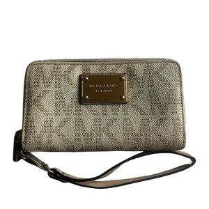 Michael Kors Beige Logo Zip Wristlet with Gold Plate
